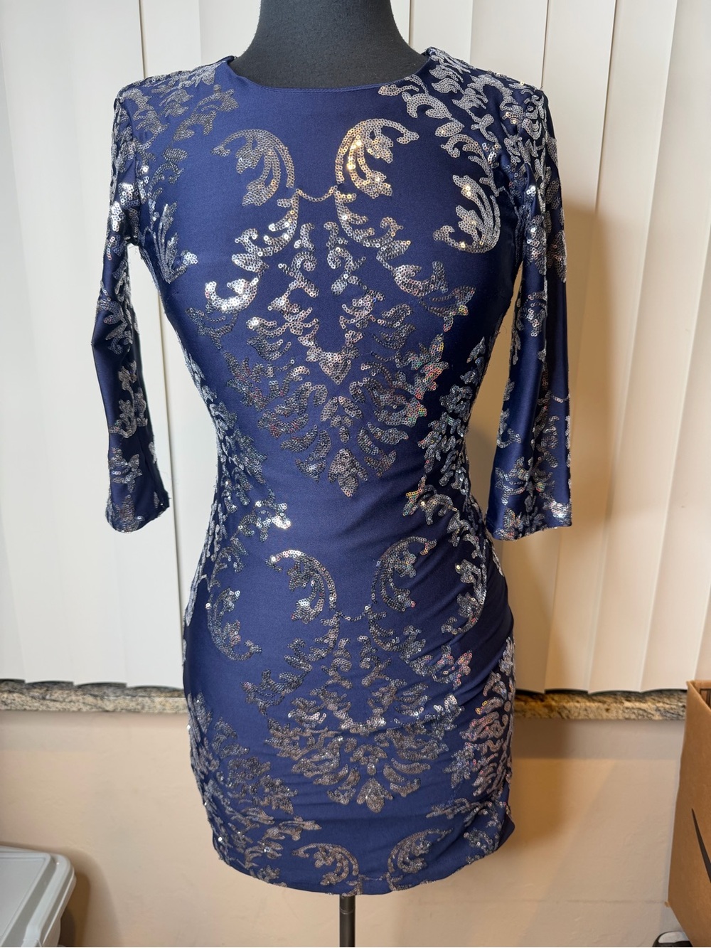 B. Darlin Blue and Silver Foil Bodycon Dress - Women's Elegant Fit Size 3/4